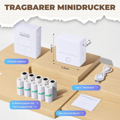 PRAOAHEI Mini Drucker, Tragbarer Fotodrucker mit 10 Rollen Druckerpapier, Bluetooth-Etikettendrucker