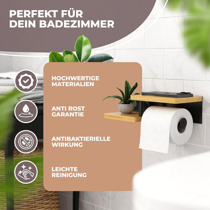 Toilettenpapierhalter Holz Bambus komplett schwarz [KLEBEN oder Bohren] | hochwertiger Klopapierhalt