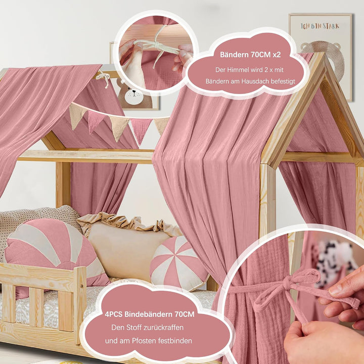 Hook Hausbett Himmel Deko Set, Betthimmel Hausbett aus Musselin - 2 Betthimmel &amp; 1 Wimpelkette, für