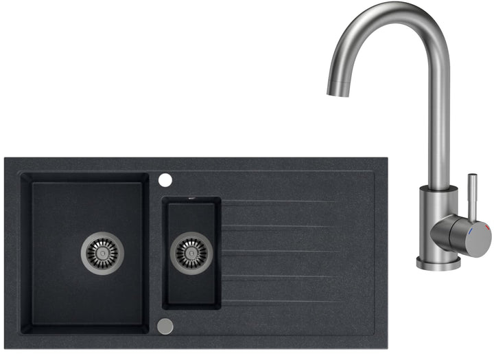 VBChome Spülbecken mit Armatur 100 x 50 cm Einzelbecken Schwarz Granit Rechteckig Reversibel Einbaus