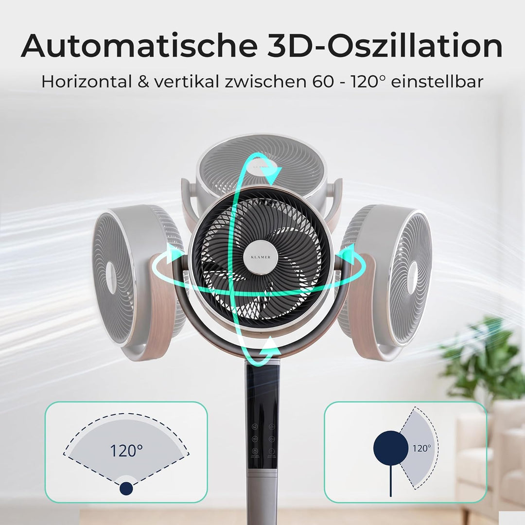 KLAMER 3D Standventilator leise mit Fernbedienung, Ventilator mit 15 Geschwindigkeitsstufen, 4 Windm