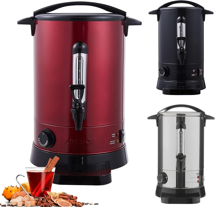 Arebos Glühweinkocher 950 W | Heissgetränkespender | 6,8 L | mit Auffangschale, Auslasshahn, Thermos
