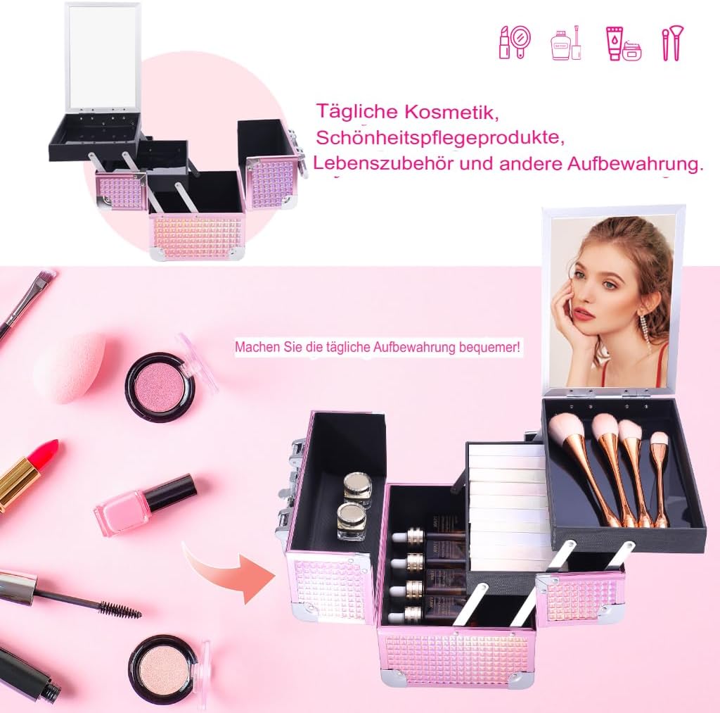 Kosmetikkoffer Aluminium Schminkkoffer mit Spiegel, Tragegriff & Schloss, Multifunktional Make-up Be