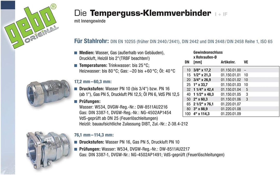 Gebo Armaturen Temperguss-Klemmverbinder I, IG 3/4 Zoll x 26,9 mm, 01.150.01.02