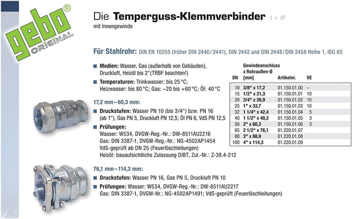Gebo Armaturen Temperguss-Klemmverbinder I, IG 3/4 Zoll x 26,9 mm, 01.150.01.02