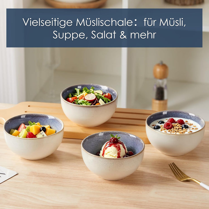 Jiwoo Müslischalen &amp; Frühstücksschalen 4er 600 ml mit Reaktivglasur | Aus Modern Bone China – handge