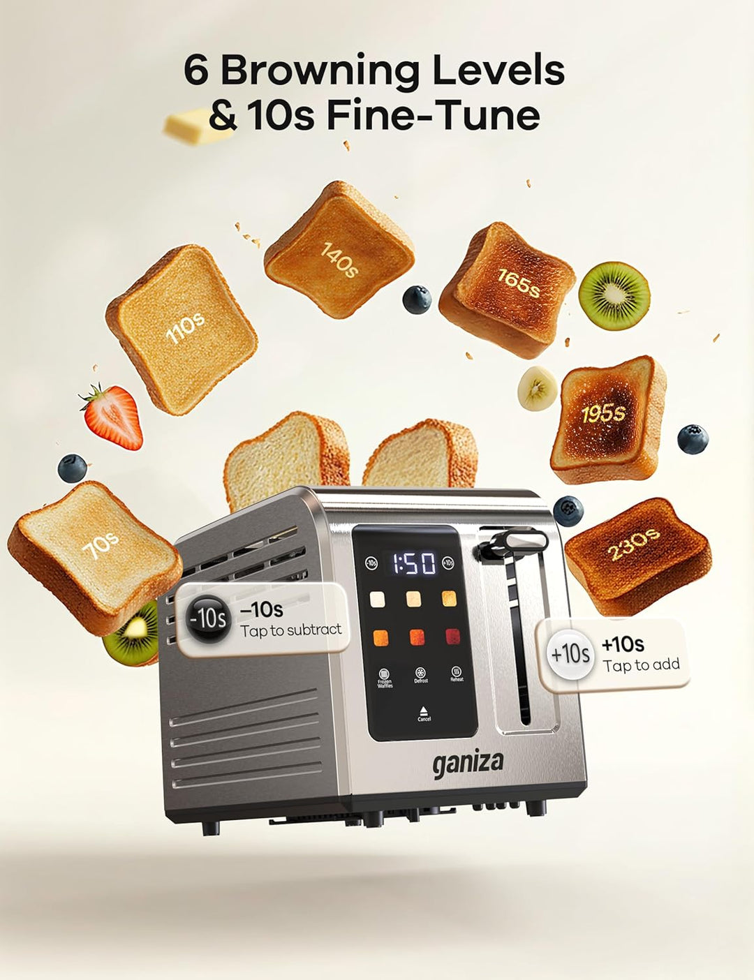 Ganiza Smart Toaster 2 Scheiben, Toaster Edelstahl mit Touchscreen, digitaler Timer, 6 Bräunungsstuf