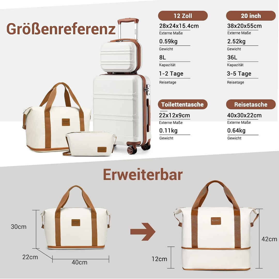 KONO Reisekoffer Set Gepäcksets 4 Teilig Kofferset, 55cm Handgepäck mit Beautycase Kosmetikkoffe mit