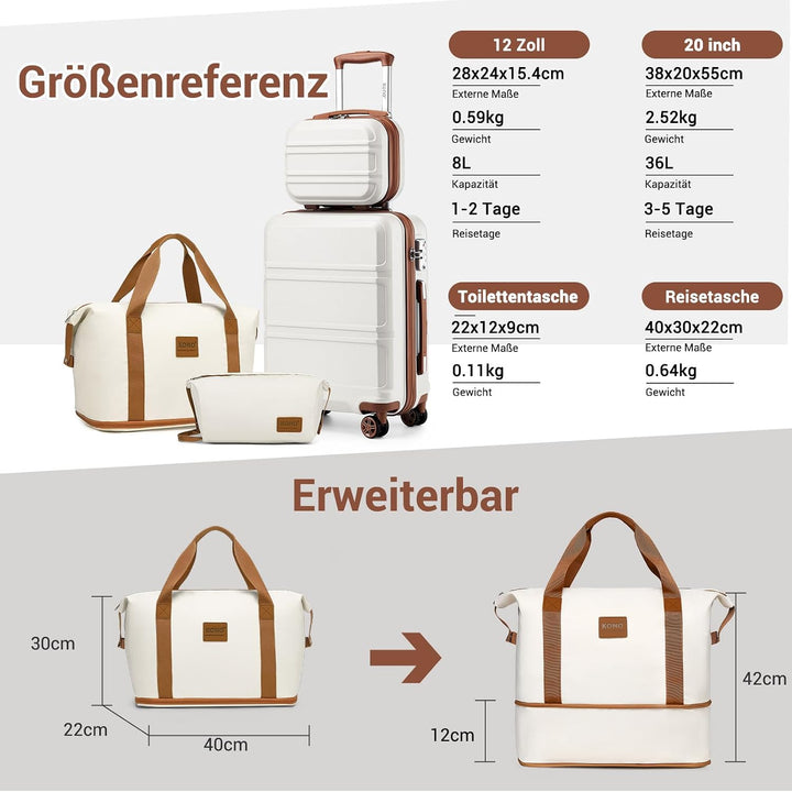 KONO Reisekoffer Set Gepäcksets 4 Teilig Kofferset, 55cm Handgepäck mit Beautycase Kosmetikkoffe mit