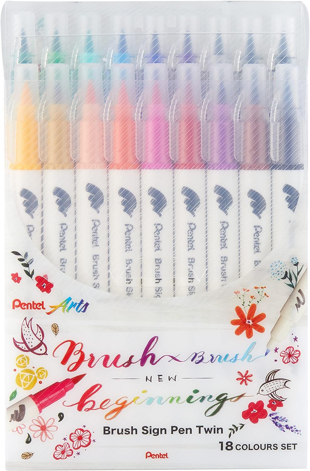 Pentel SESW30C-18 Brush Sign Pen Twin, 18-Farben-Set, Fasermaler mit zwei flexiblen Schreibspitzen,