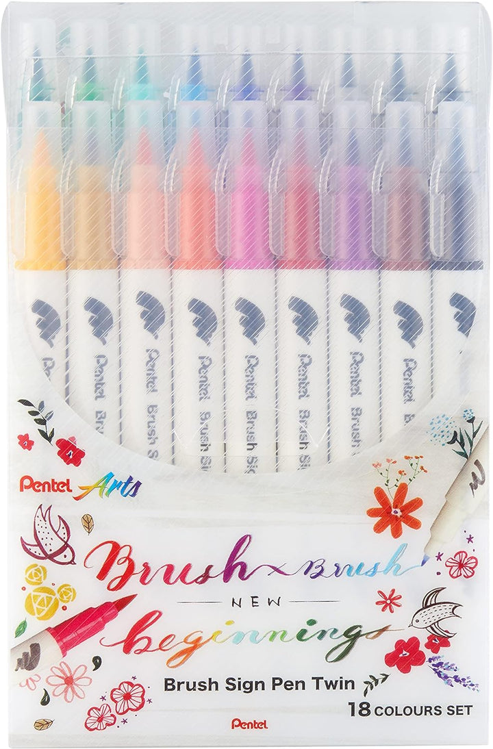 Pentel SESW30C-18 Brush Sign Pen Twin, 18-Farben-Set, Fasermaler mit zwei flexiblen Schreibspitzen,
