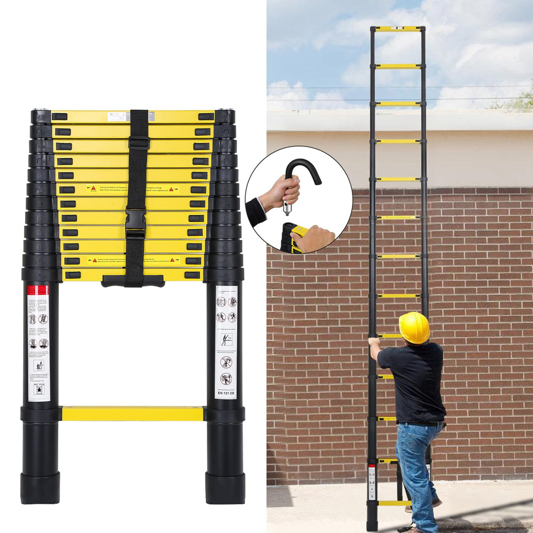 Eulenke 3,8M Teleskopleiter, Rutschfester Aluminium Multifunktionsleiter mit 2 Haken, Ausziehleiter