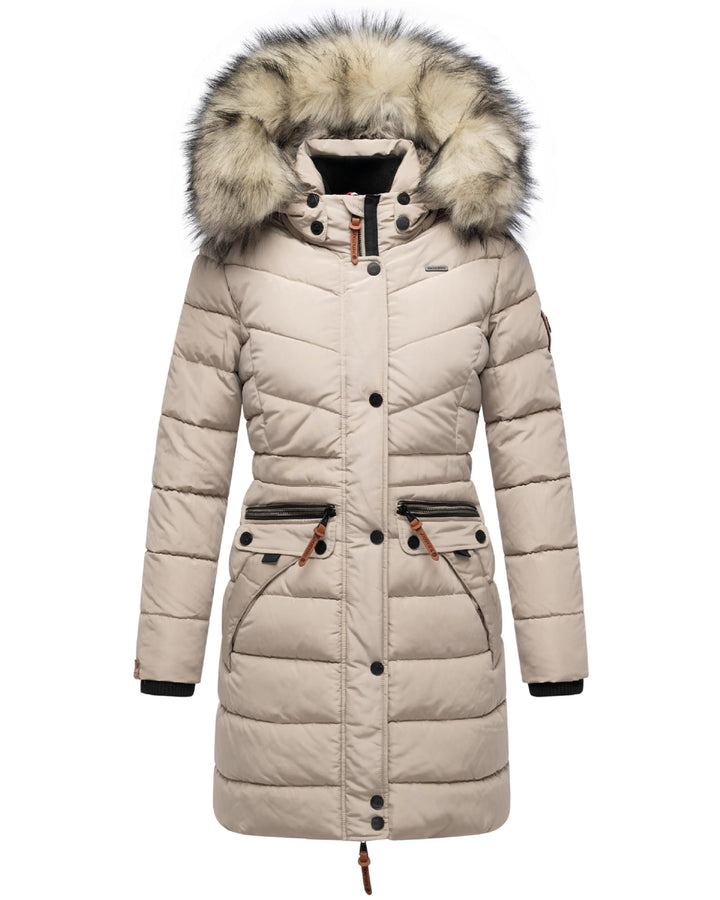 Navahoo Damen Wintermantel warmer Steppmantel lang mit abnehmbarer Kunstfell-Kapuze Paula XS-5XL M L