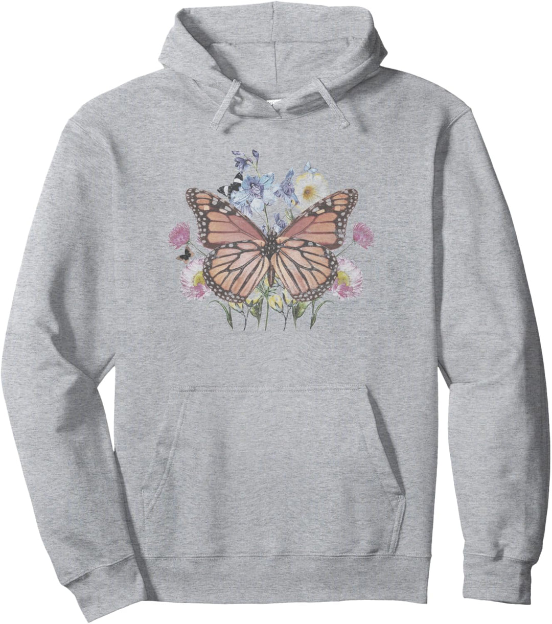 Trendy Floral Meadow Butterfly Pullover Hoodie