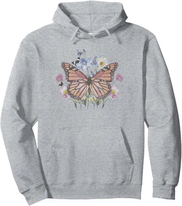 Trendy Floral Meadow Butterfly Pullover Hoodie