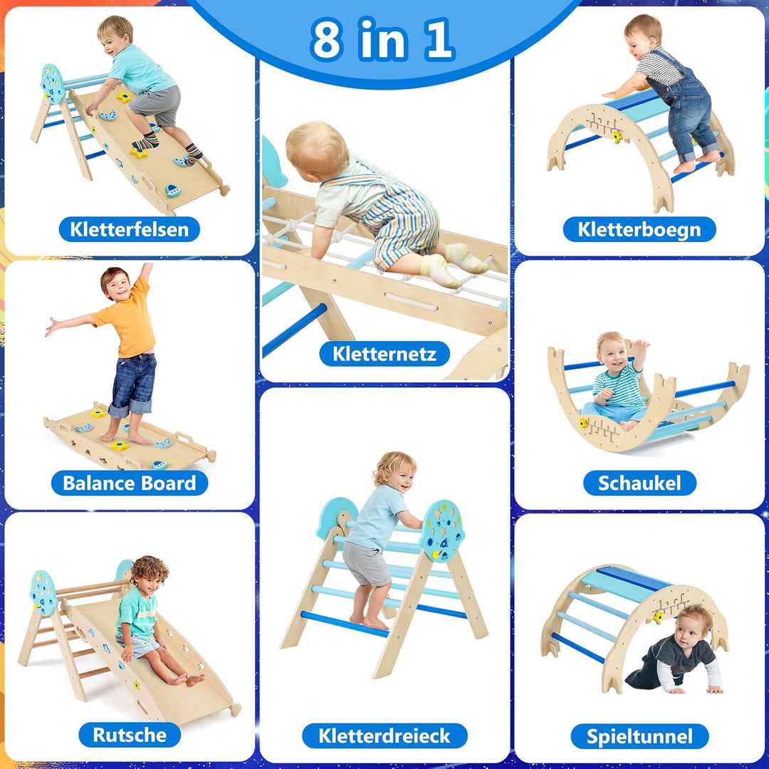 COSTWAY Klettergerüst Indoor 4er Set, klappabres Kletterdreieck mit Rutsche, Kletterbogen, Netz, ink