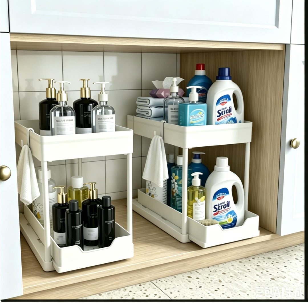 DEKAVA Küchen Organizer, 2 Unter Waschbecken Regal, Schrank Küchenorganizer mit 4 Haken, Schrankkorb