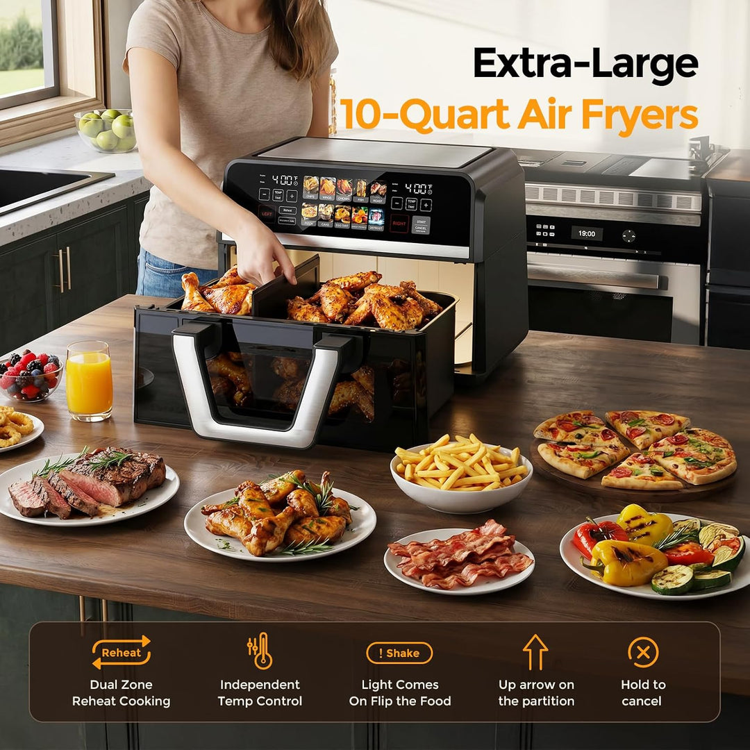 10-in-1-Luftfritteuse, 10.0QT Klarglas-Korbfritteuse, 360° Kochfenster, 2500 W präzise Heizung für g