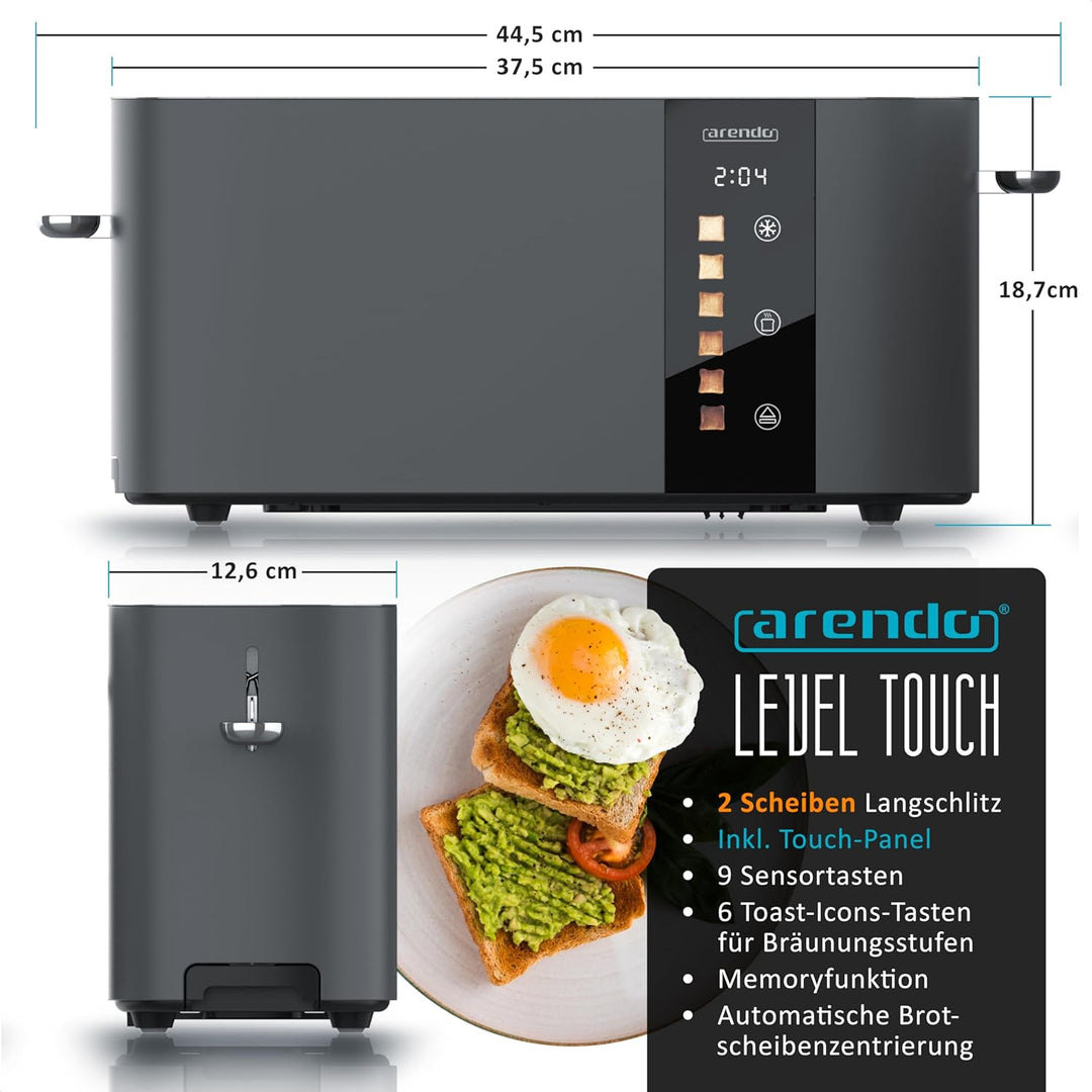 Arendo - Edelstahl Toaster 2 Scheiben Langschlitz - Touchscreen – Doppelwandgehäuse – Integrierter B