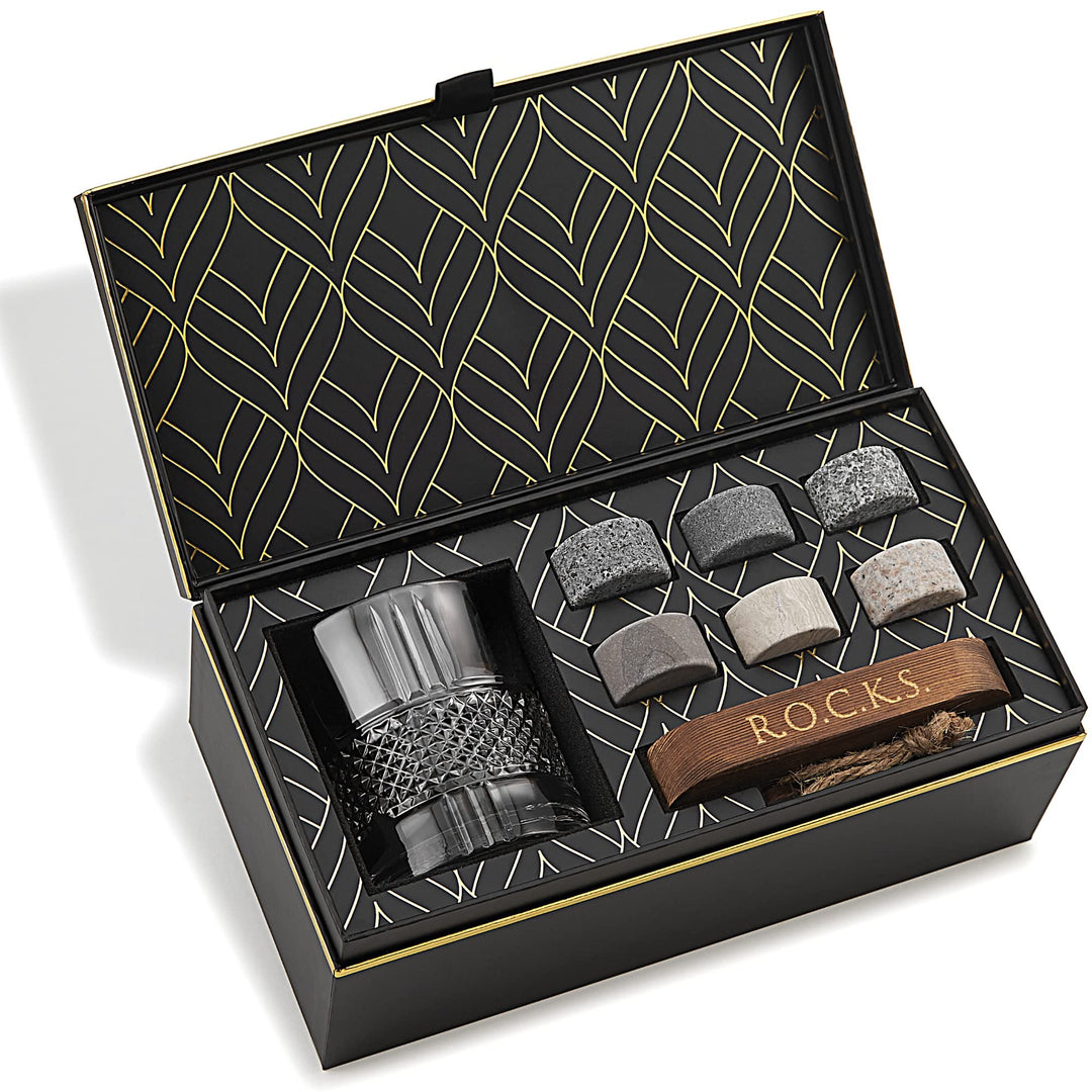 Whiskey-Steine & Old Fashioned Cocktail & Whiskey Gläser Geschenkset – 6 Handgemachte Runde Granitst