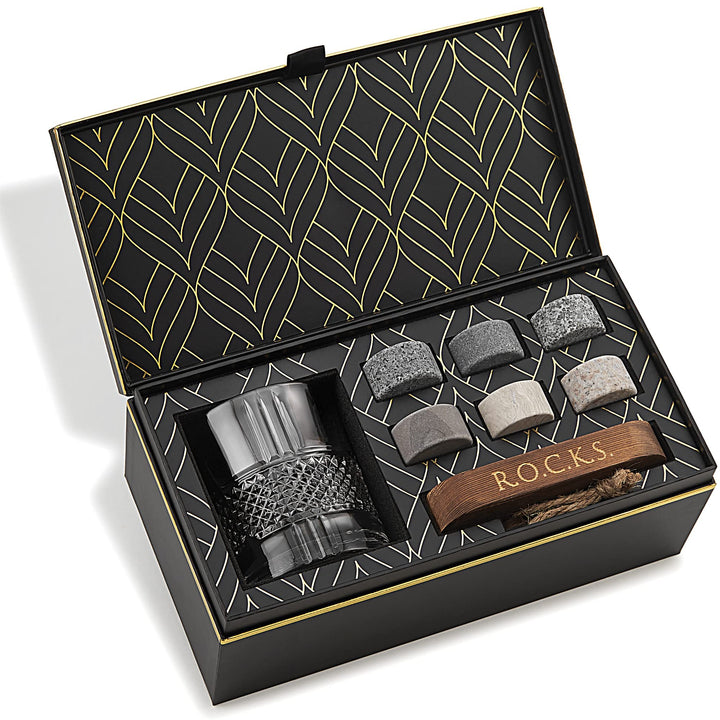 Whiskey-Steine & Old Fashioned Cocktail & Whiskey Gläser Geschenkset – 6 Handgemachte Runde Granitst