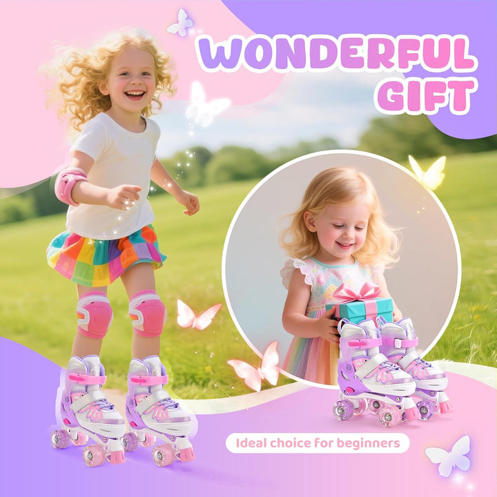 NEMONE Rollschuhe für Mädchen Kinder 4 Grössen Verstellbar Blau Violett Rollschuhe für Kinder Drinne