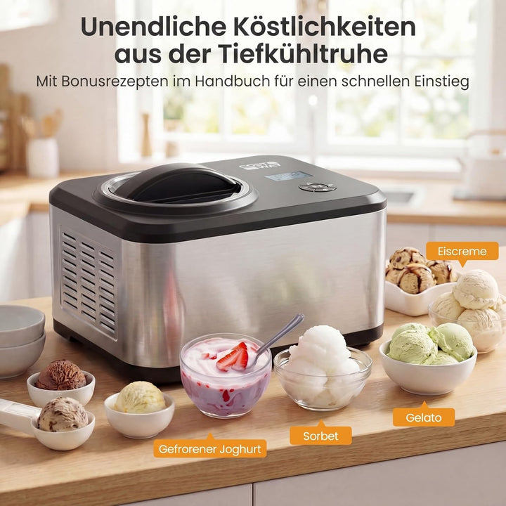 COSTWAY 2 in 1 Eismaschine mit Joghurtfunktion, Kompressor Eiscrememaschine 1,5 L für Eiscreme, Gela
