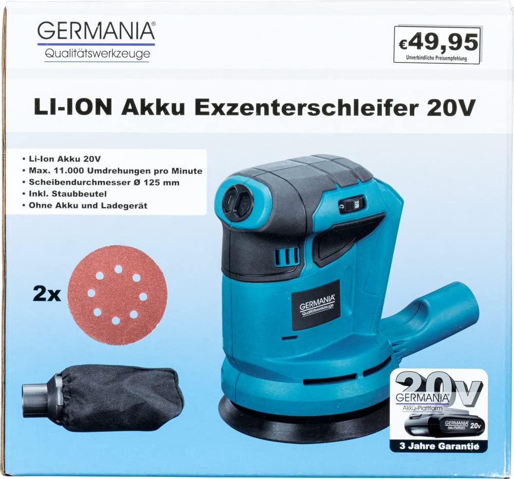 GERMANIA Plattform Akku-Exzenterschleifer 20 V mit 125 mm Schleifpapier & Staubabsaugung (ohne Akku