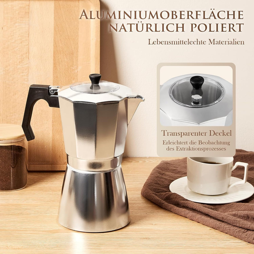 Espressokocher aus Aluminium, Mokkakanne 450 ml für 9 Tassen | Transparenter Deckel, Tropffreie Ausg