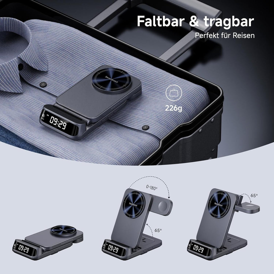 SwanScout 708M Induktive Ladestation, Faltbares 3 IN 1 Magnetisches Ladegerät für Apple Watch und iP