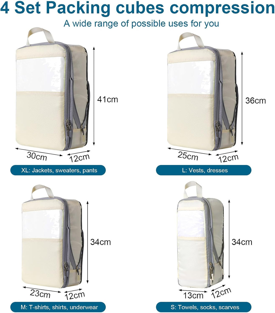 Cozary Koffer Organizer Packing Cubes Compression 4 Stück - Packwürfel mit hohem Fassungsvermögen, T