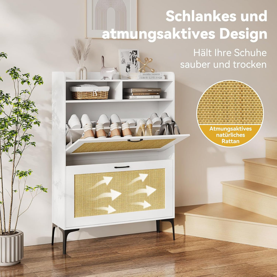 Dripex Schuhschrank schmal, Schuhkipper mit Rattan-Dekor, mit 2 Flip-Schubladen,Schuhregal schmal mi