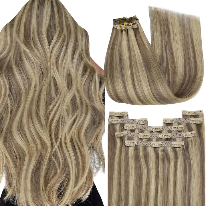 YoungSee Clip in Extensions Echthaar Hellbraun Clip in Extensions Braun Blond Echthaar Extensions Cl