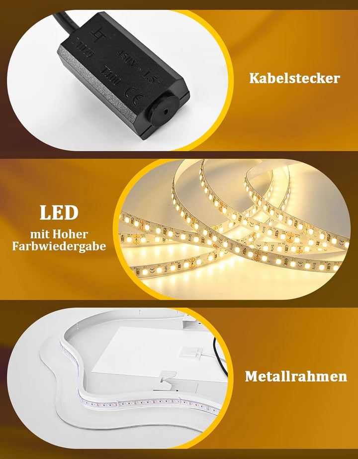 Asymmetrisch Badspiegel Mit Beleuchtung,LED Bad Wand Spiegel Badezimmer Wandspiegel Mit Licht, IP44