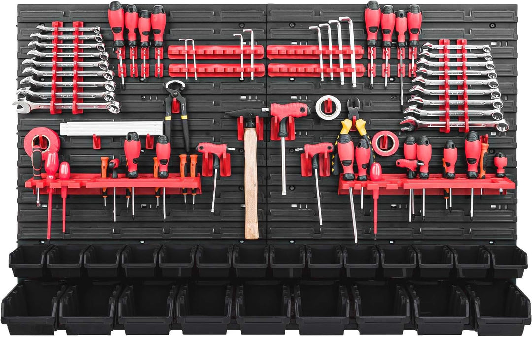 PAFEN Werkzeugwand Stapelboxen - 1152 x 780 mm - Lagersystem SET Werkzeughaltern und 23 Schwarz Boxe