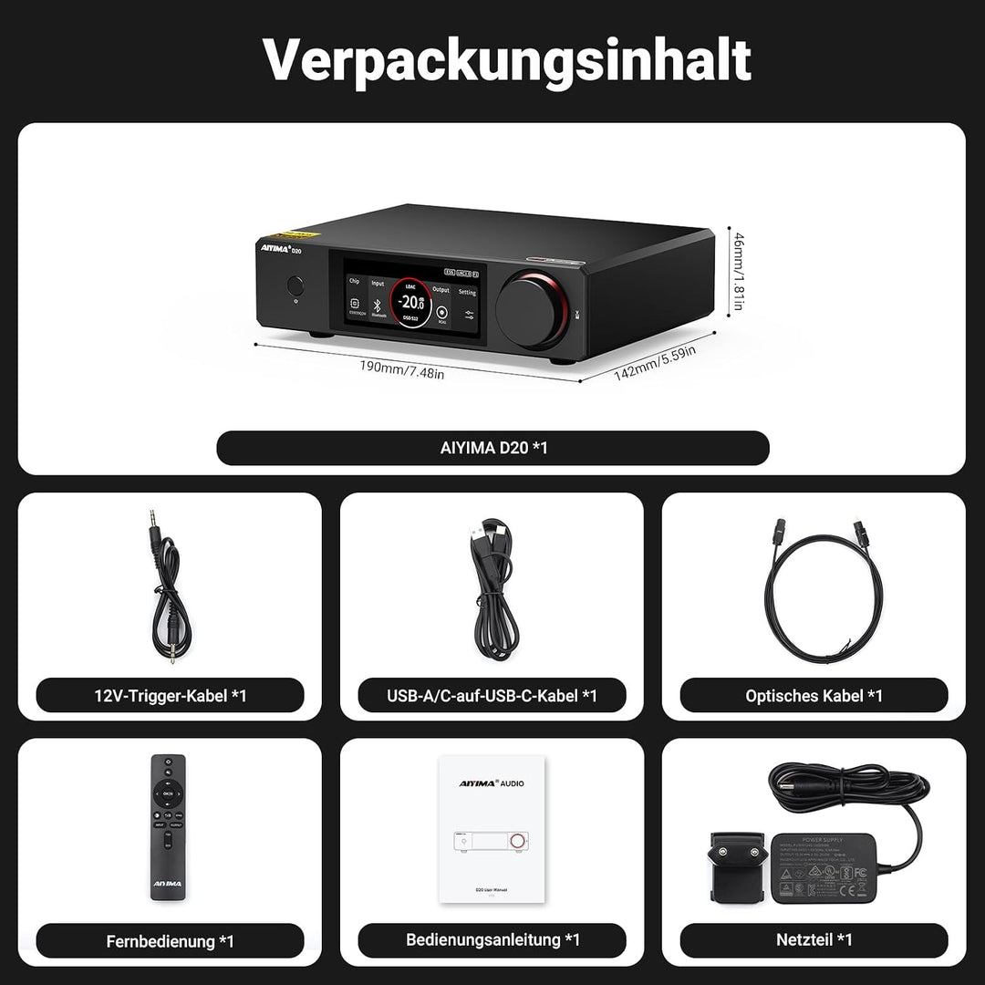 AIYIMA D20 Vollsymmetrischer Hifi-DAC mit zwei DAC-Chips ES9039Q2M AK4493S | XMOS XU316 Desktop-DAC,