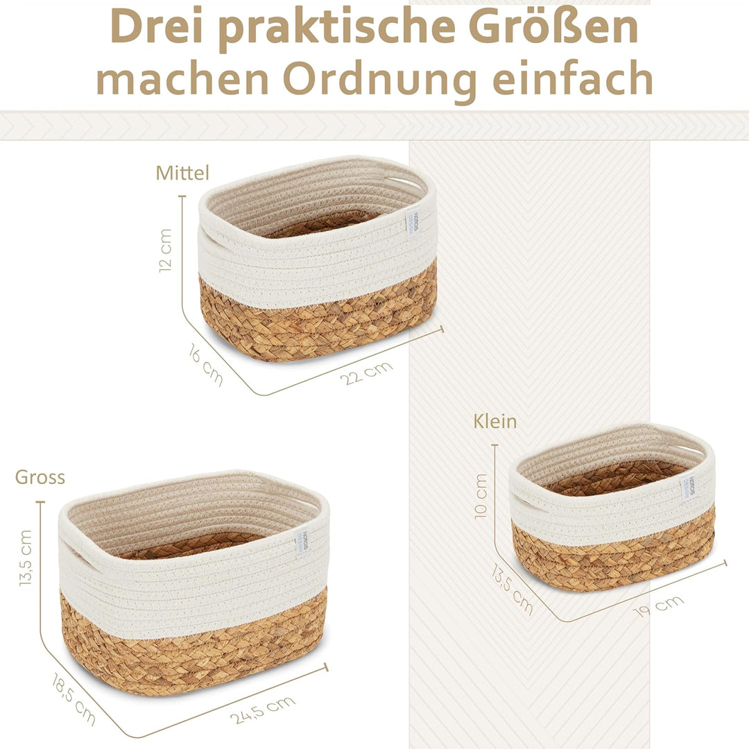 NORDIS DESIGN Aufbewahrungskörbe 3er Set aus Wasserhyazinthe und Baumwolle, Bad Aufbewahrungskorb ge