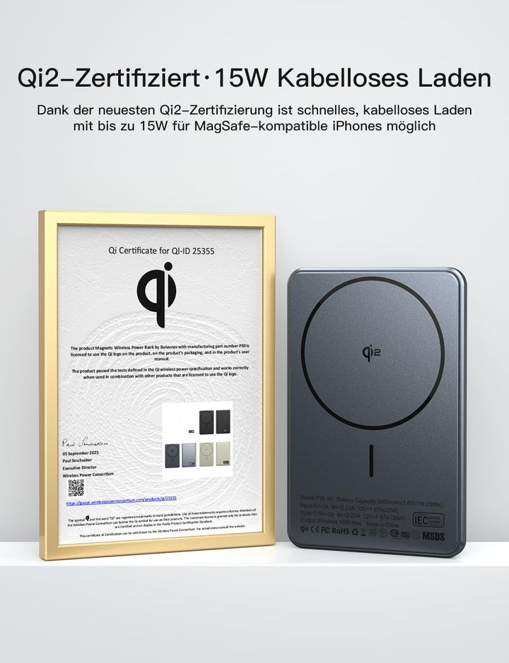 Powerbank Power Bank für MagSafe Slim Dünn 5000mAh Qi2 15W Max Digitalanzeige Schlank Schnellladen M