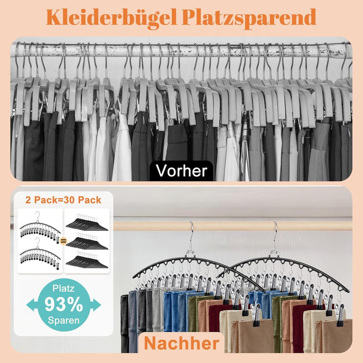 2 Stück Platzsparender Hosenbügel mit 15 Clips – Metall Kleiderbügel für Hosen, Leggings, Röcke & Mü