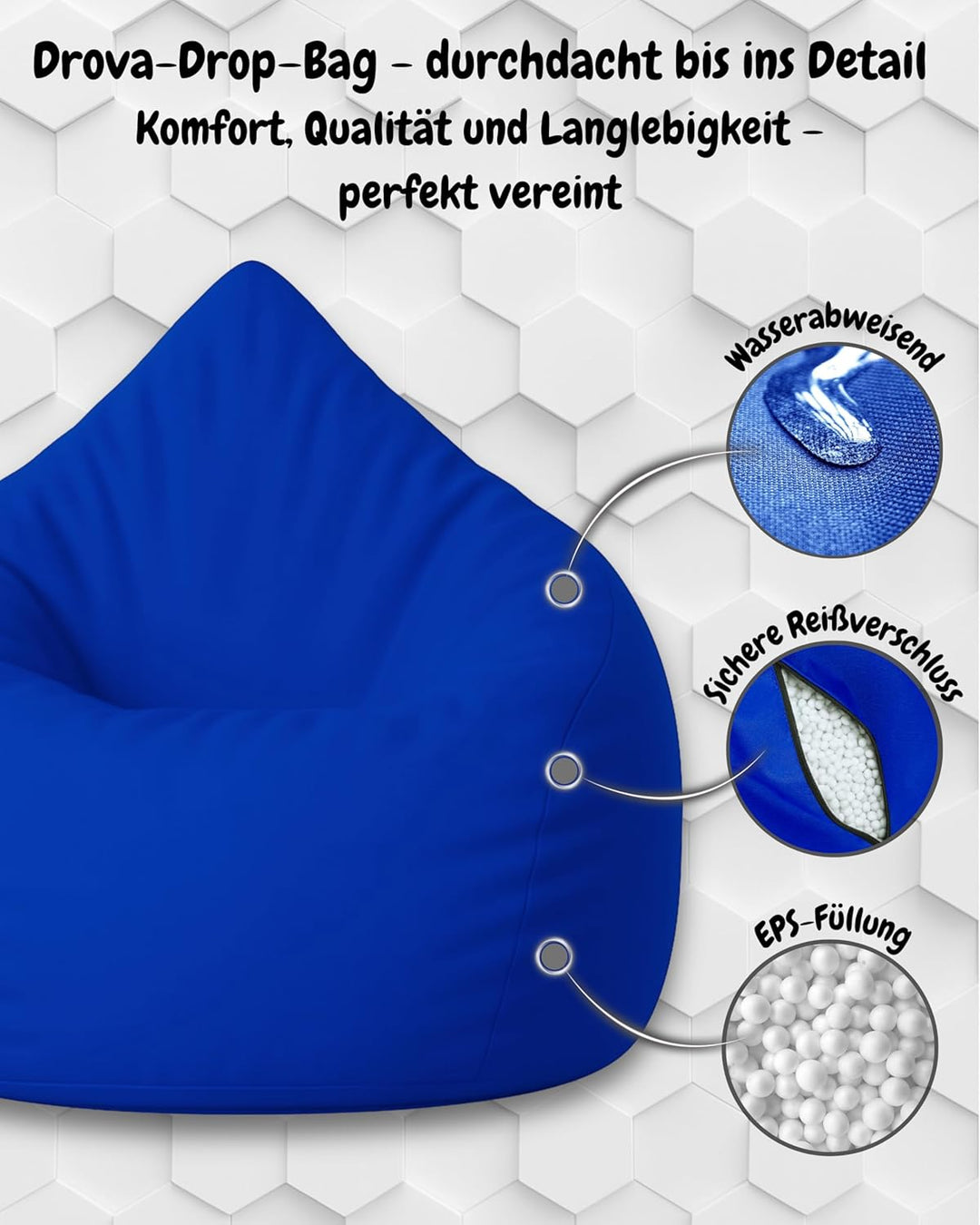 PATCH HOME Patchhome Sitzsack Tropfenform mit Reissverschluss Nachfüllbar - für In &amp; Outdoor - mit S