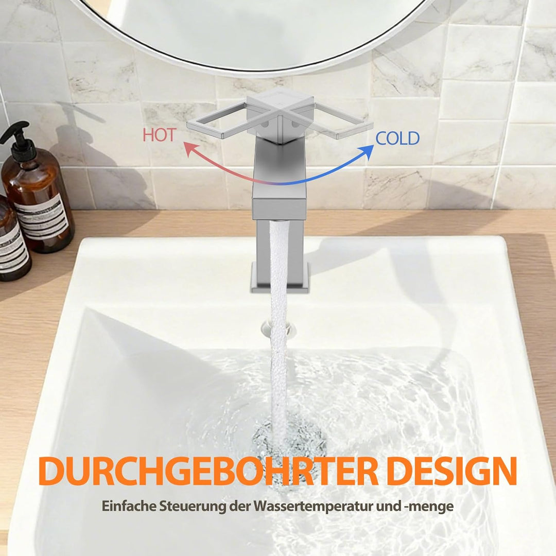Wasserhahn Bad Einhebel-Waschtischarmatur, HURRAN Badezimmer-Wasserhahn Edelstahl, Warm/Kaltwasser M
