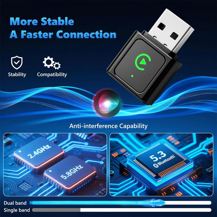 2 in 1 Wireless CarPlay Adapter & Android Auto Wireless Adapter, Bluetooth 5.3 & 5.8GHz WiFi, Plug &