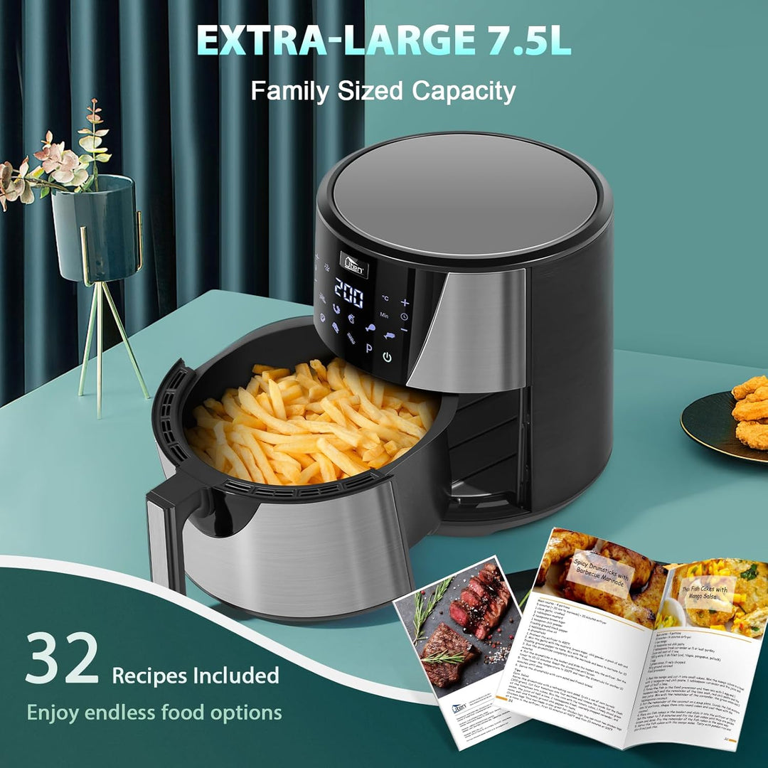 Heissluftfritteuse, Uten 7,5L Airfryer XXL Heissluftfriteuse mit Digitalem LED-Touchscreen, 9 Vorein