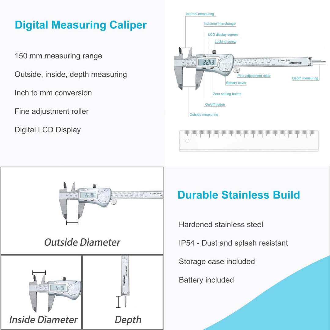 INTIRILIFE Digitaler Messschieber in Silber – 150mm / 6 Zoll IPX54 wasserdichte Edelstahl Schieblehr