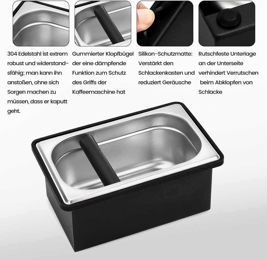 Espresso-Klopfbox, Abklopfbehälter aus Edelstahl, grosse Kaffeeklopfbox mit stossdämpfenden Gummi- u