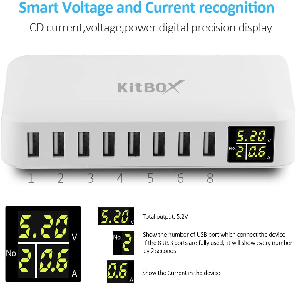 iLepo 8 Port USB A Ladegerät mit LED Anzeige,USB Netzteil Eingang 100-240V 40W 5V8A output Multi USB
