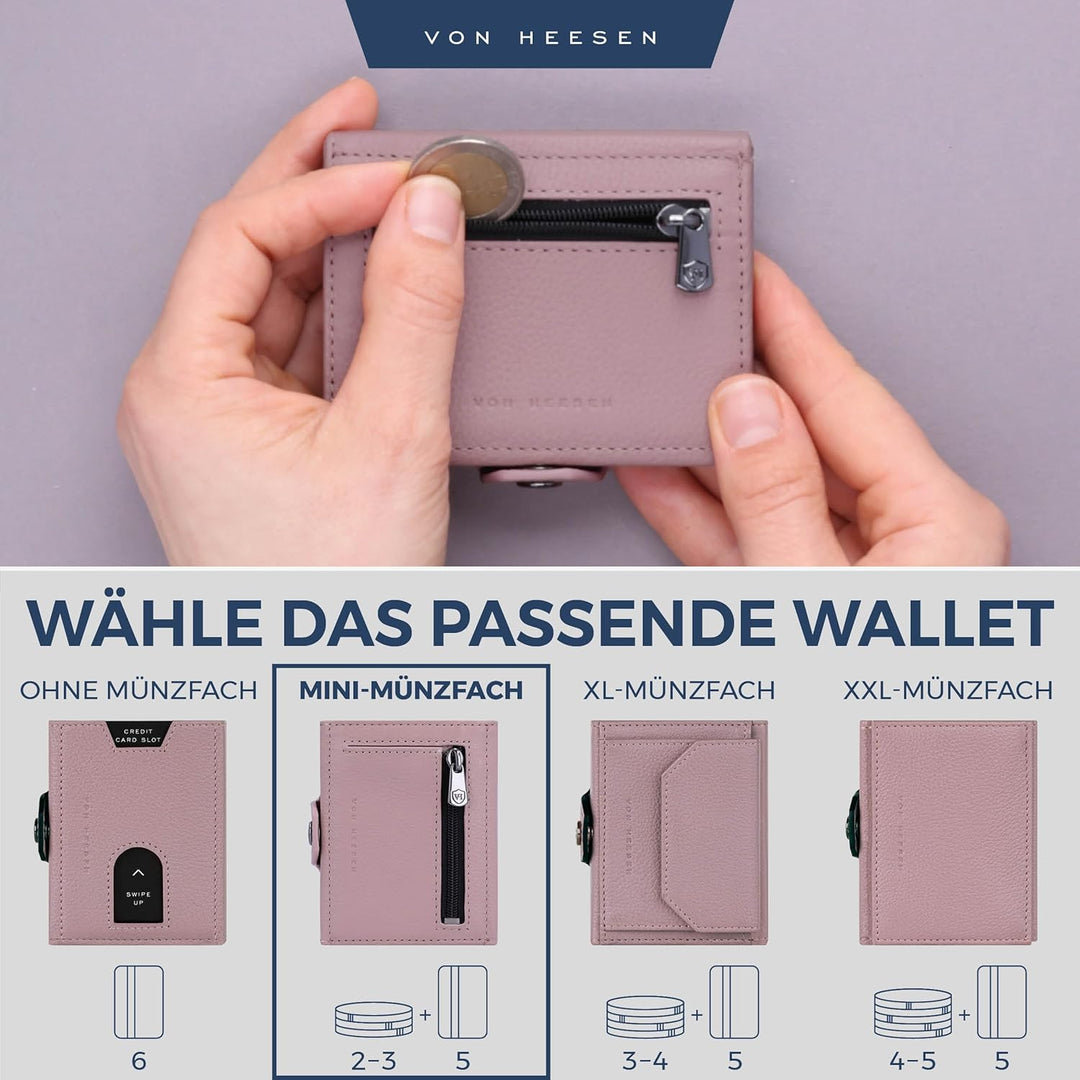 VON HEESEN Slim Wallet mit Münzfach &amp; RFID Schutz - Geldbörse Herren klein - Mini Geldbeutel Damen P