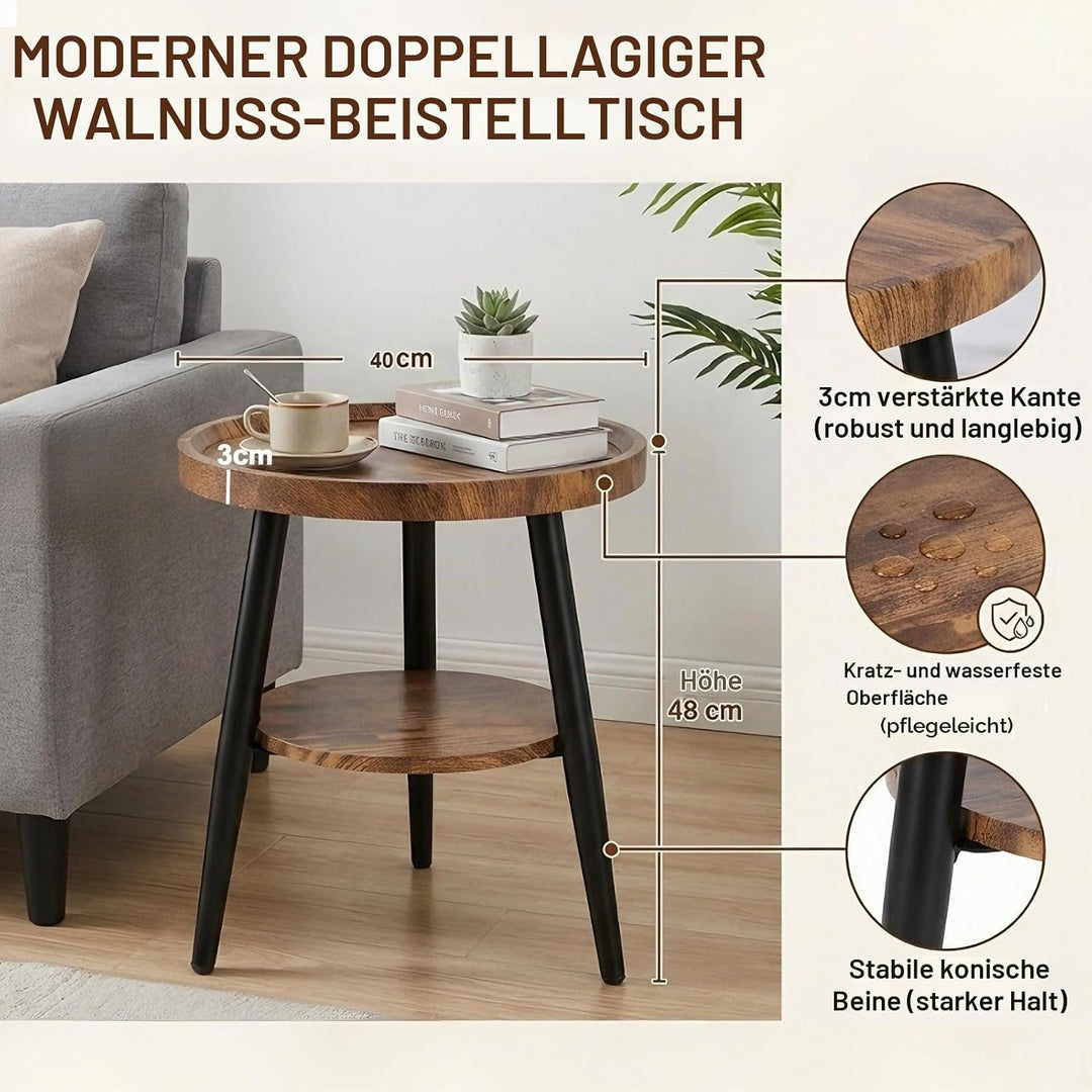 Beistelltisch Rund Holz | Runder Beistelltische Wohnzimmer | Couchtisch Klein mit Unterem Ablage | S