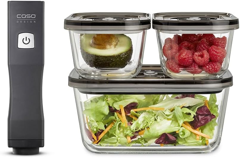 CASO Vacu OneTouch Eco-Set, Handvakuumierer inkl. 3 Vakuumbehälter aus Glas, 10 ZIP-Beutel und Food