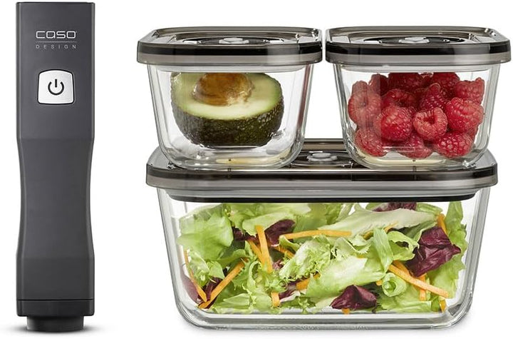 CASO Vacu OneTouch Eco-Set, Handvakuumierer inkl. 3 Vakuumbehälter aus Glas, 10 ZIP-Beutel und Food